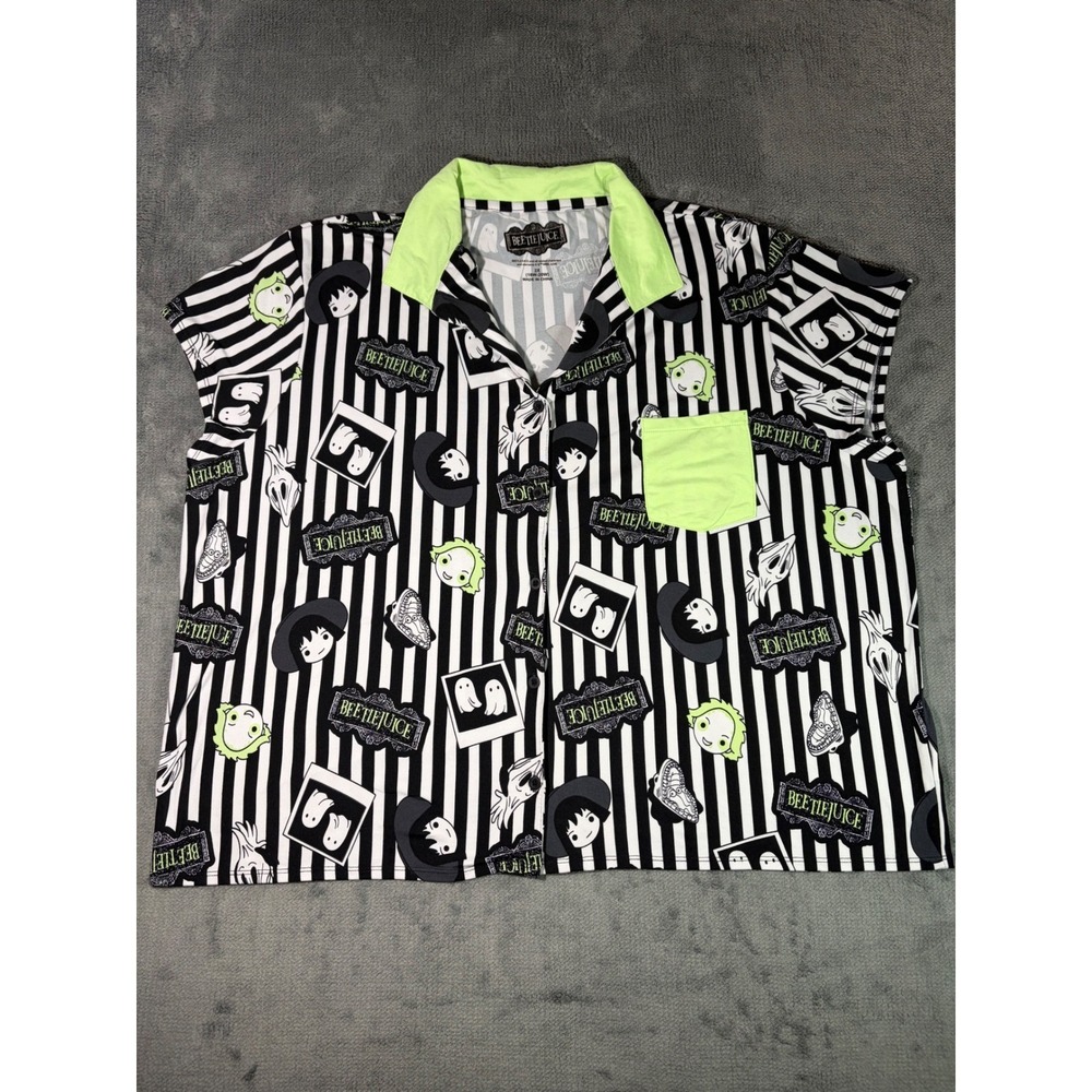 Beetlejuice Womens Plus Size 2X Sleep Shirt Button Down Stripe Lydia Deetz Top